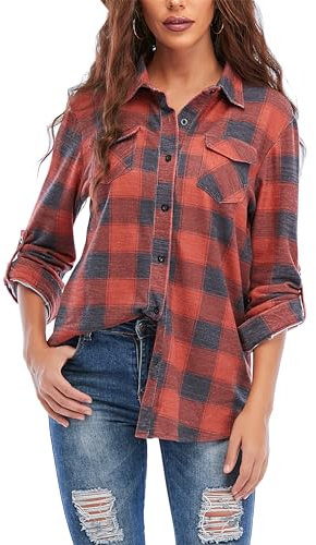 Timuspo Damen Kariertes Hemd mit Knopfleiste Langarm Oktoberfest Bluse Karo Tunika Baumwolle Tops Casual V-Ausschnitt Oberteile/M