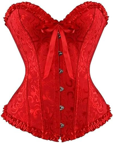LSFYSZD Women's Lace Up Boned Overbust Corset Bustier Lingerie Bodyshaper Top Plus Size (Red, M)