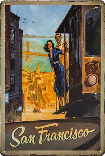 Historisches Retro Vintage Blechschild mit Souvenir Reisemotiv, Ferien, Abenteuer, Urlaub Deko Schild, 30 x 20 cm (San Francisco, USA)