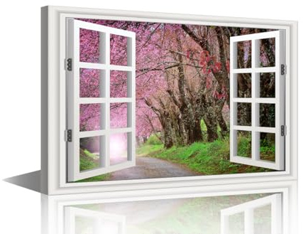 Leinwandbild für Schlafzimmer, Kunstfenster, ländliche Straßen, Frühlings-Kirschblüten, Bäume und Wiese auf Hintergrund, Bilddruck, natürliche Landschaft, Wohnzimmer, Küche, Badezimmer, Zuhause,