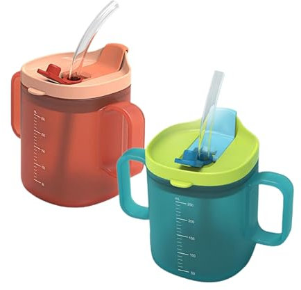 Lot de 2 gobelets pour adultes avec paille, 260 ml, poignée résistante à la chaleur, design anti-déversement, pour adultes avec poignée, joint en silicone gradué, résistant à la chaleur