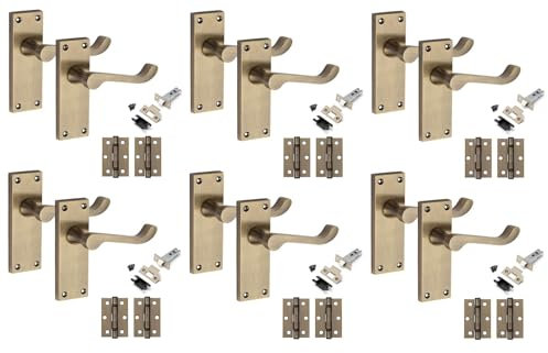 Golden Grace 6 Pairs Victorian Scroll Latch Door Handle Antique Brass 120 x 40mm with 2.5 Latches & Hinges