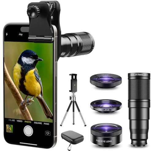Evil Eye Kit de Lentes Teleobjetivo 4 en 1 con 22X, Ojo de Pez de 205°& Gran Angular de 120° + Clip Universal para iPhone/Samsung/Android, Entusiastas de Viajes, Vlogging & Fotografía