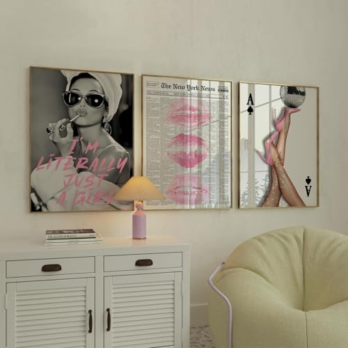 Xiyocadt 3er Poster Set, Retro Y2K Pink High-Heel Lippenförmige Leinwand-Dekoration für Wohnzimmer, Schlafzimmer oder Ankleidezimmer, Ohne Rahmen (40x50cm)
