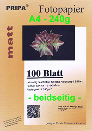 pripa 100 Blatt InkJet Fotopapier - matt beidseitig beschichtet - ohne Glanz -DinA4-210x297-240g - Tintenstrahldrucker
