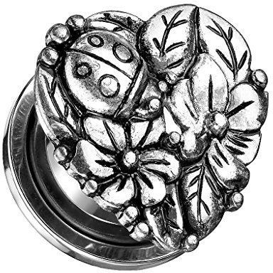Piercingfaktor Flesh Tunnel Schraub Ohr Plug Piercing Vintage Tribal Ethno Schraubverschluss Silber mit Herz Blumen und Marienkäfer Motiv 12mm