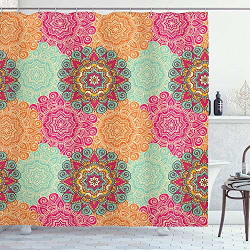 ABAKUHAUS Jahrgang Duschvorhang, Antike Stammes- Mandala, Stoffliches Gewebe Badezimmerdekorationsset mit Haken, 175 x 220 cm, Fuchsia orange