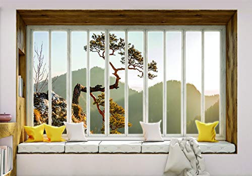 Forwall Fototapete Vlies Wanddeko Fenster Ausblick - Moderne Wanddekoration Fensterblick 3D Landschaft 10661VEXXXL 416cm x 254cm