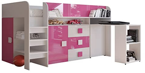 MEBLE KRYSPOL Toledo 1 Hochbett für Kinder, Jugendliche mit Stauraum - Etagenbett mit Schreibtisch, Kleiderschrank, Regal, Schubladen, Treppe - 203,3x106,6x125 cm - Weiß, Rosa, Weiß + Rosa