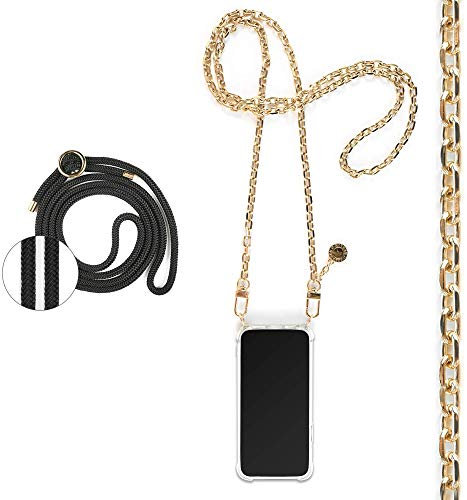 Jalouza Handykette, Kordel & Hülle Bundle kompatibel mit iPhone 12 & 12 Pro - Ankerkette in Gold und Kordel in Farbe Schwarz-Gold Plus Handyhülle zum umhängen