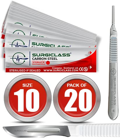 Surgical Scalpel Surgical Blades # 10 Carbon Steel Sterile Pack of 20 and Handle No 3 Perfect for Wood Art, Surgical, Sculpting, Repairs, Lab Anatomy, Sign, Card Making Lab Training SURGIRD10-20