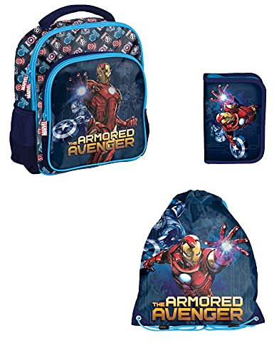 P A S O 3-TEILIGES SET KINDERRUCKSACK + BEFÜLLTE FEDERMAPPE + TURNBEUTEL AVENGERS - BLAU/BUNT