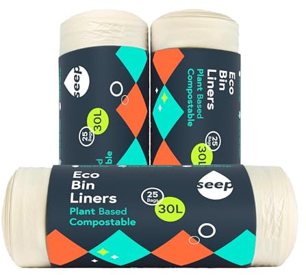 SEEP Compostable 75 x 30 Litre Bin Bags - 30L Eco Friendly Bin Liners - Large Kitchen BinBags - 30L Biodegradable Clear Bags | 3 x Rolls
