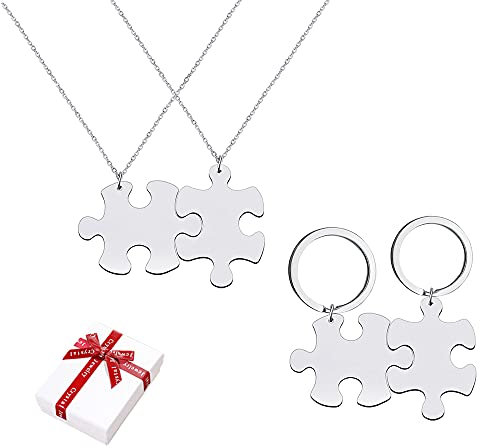 Liitata 2 pezzi puzzle ciondolo collana e 2 pezzi puzzle portachiavi set coppie ciondolo collana partner amicizia portachiavi per uomo donna compleanno regalo di San Valentino – argento