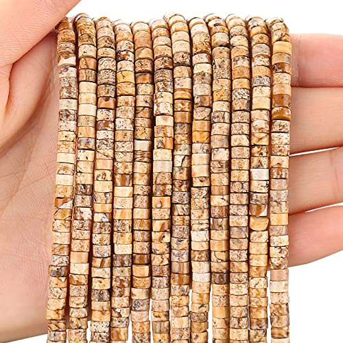 BONNY BOXX 150pcs Natural Jasper Spacer Beads Loose Semi-Precious Stone Beads Flat Round Heishi Disc Stone Beads for Beading Jewelry Making, 4mm x 2mm, 38cm