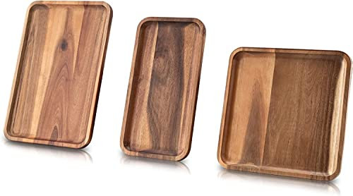 Bill.F Acacia Wood Serving Trays Set of 3,Octagon Wooden Home Decor Platters for Fruit, Vegetables, Appetizer Serving Tray, Food, Cheese Board, Bread Charcuterie Boards