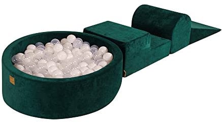 MEOWBABY Parco Giochi in Schiuma con Piscina di Palline 90x30cm/200 Palline per Bambini - Blocchi Morbidi, Velluto, Verde Scuro: Bianco/Transparente