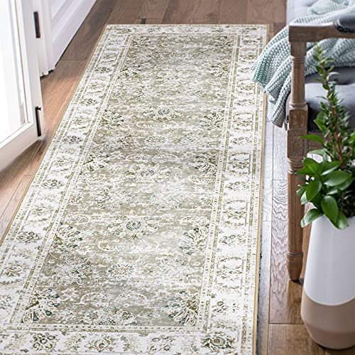TOPICK Läufer 60x210cm Floral Hellbraun Waschbar Superdünne Vintage Blumen Kurzflor Lang für Küche Schlafzimmer Wohnzimmer Teppichläufer Antirutschunterlage Zusammenklappbar