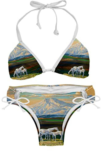 Ensemble bikini pour femme - Maillot de bain de plage - Peinture à l'huile - Chevaux et montagne, Multicolore, L (taille unique)