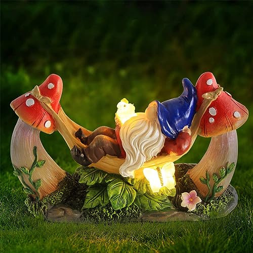 Sinhra Statue de nain de jardin extérieur, figurine de nain solaire allongé sur un hamac avec oiseau et champignons, décoration de jardin extérieure pour terrasse, cour, pelouse, porche, cadeau de