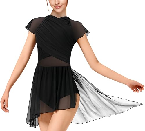 WYHDY Women Dance Dress Flutter Sleeve Mesh Skirted Leotard Lyrical Costume, Water-Drop Hollow Back(23706-06-S) Black