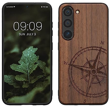 kwmobile Hülle kompatibel mit Samsung Galaxy S23 Hülle - Holz Case - Handy Cover - TPU Handyhülle in Dunkelbraun Kompass Vintage