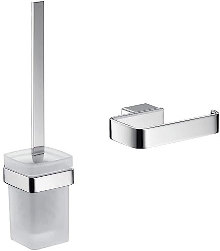 Emco LOFT WC-Bürstengarnitur, Toilettenbürste mit Halterung und Griff & LOFT Papierhalter ohne Deckel, eleganter Toilettenpapierhalter zum Schrauben aus Aluminium