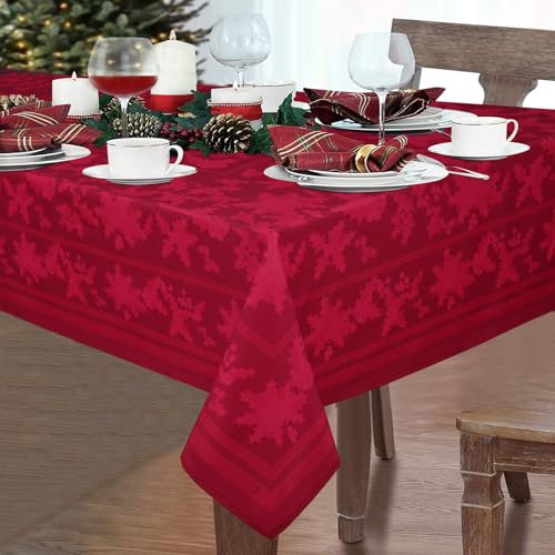 Yrendenge Tovaglia natalizia rossa Poinsettia, tovaglia lavabile, rettangolare, con foglie di agrifoglio, senza pieghe, per vacanze, cucina, feste, 152 x 213 cm