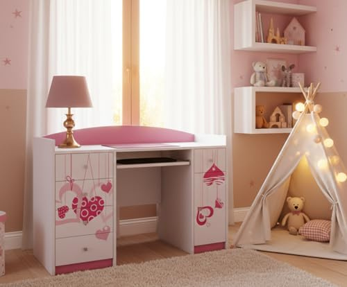 Happy Babies Scrivania da ufficio con ripiano per tastiera, per bambini, 125 x 89 x 60 cm, scrivania per PC, ragazza, con ripiano per tastiera, bianco, rosa, motivo cuori