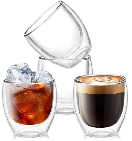 YMMIND Set of 4 Double Walled Glass Coffee Mugs 8 Ounces Insulated Layer Coffee Cups Borosilicate Glass Espresso Cup for Hot Beverage,Cappuccino,Tea,Latte,Wine,Microwave Safe