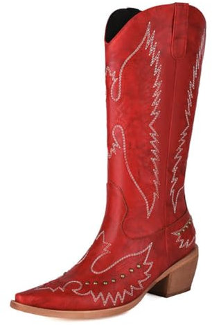 WeFloHsL Stivali A metà Polpaccio da Donna A Punta Ricamati Classici Stivali Western Cowboy,Rosso,34 EU