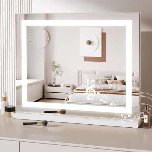 Dripex Hollywood Schminktischspiegel mit Beleuchtung, HD Schminkspiegel für Tisch- oder Wandmontieren, 3 Farblichtmodi, 5 Facher Vergrößerung Spiegel, USB Anschluss (Bluetooth 58 x 48 cm)