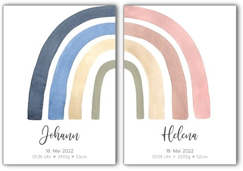 Poster 2er Set Zwillinge Geschwister | Kinderzimmrer | Wanddeko | Geburtsdaten personalisiert | Geburtsposter | Regenbogen | Junge oder Mädchen (Blau + Rosa)