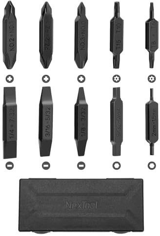 NexTool Bit-Set, 10 doppelendige Schraubendreher-Bits für Multi-Tools,Pocket Tool E1 und Flaggschiff Captain, Schlitz-, Kreuzschlitz-, Sechskant- und Torx-Bits mit Aufbewahrungskoffer