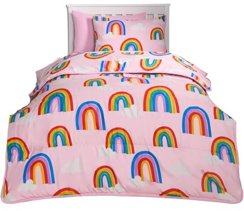 OHS Kids Coverless Duvet Single 10.5 Tog, Rainbows Print Reversible Washable Coverless Duvets Camping Sleepovers Winter Duvets Super Soft Cosy Coverless Duvet with Pillowcase, Pink