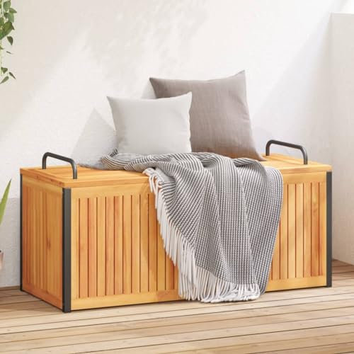 CFODOJ Aufbewahrungsboxen für den Außenbereich, Kissenbox für den Außenbereich, 110 x 45 x 42/53 cm, Massivholz, Akazie und Stahl