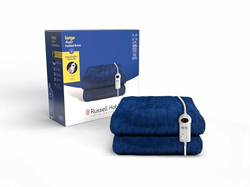 Russell Hobbs Electric Blanket Blue Heated Throw Sherpa & Microfleece 130 x 180 cm with Digital Remote, Auto Shutoff Overheat Protection 12 Hour Timer, 9 Heat Settings 2 Year Guarantee, RHHT1003BLU