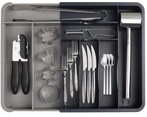ANJUKE Besteckkasten für Schubladen 30 50, Kunststoff Besteckeinsatz (Tiefe 33 cm), BPA-freiem Material, Mehrzweck Schubladen Organizer Küche für Besteck, Cutlery, Geschirr, Löffel, Schwarz-Grau