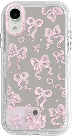 NITITOP Compatible with iPhone XR Case Cute Mirror Bow Love Heart Pattern for Women Girls Cutely Ribbon Design Slim Silver Shockproof Protective Phone Cover - Light Pink Bow2