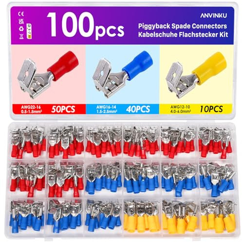 ANVINKU 100 Stück Piggy Back Kabelschuhe Flachstecker Kit, 22-10 AWG (0.5-6mm²) Kabelschuhe Set, Isolierte Abzweighülse, Flachsteckhülsen Set für Automotive, Motorrad und Haushaltsgeräte