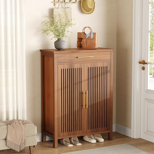 Tribesigns Schuhschrank, 5-stöckiger Schuhschrank schmal mit Lamellentüren und Schublade, verstellbar Schuhregal Holz für Eingangsbereich, Flur, Kleiderschrank, 80 * 36 * 110cm, Braun