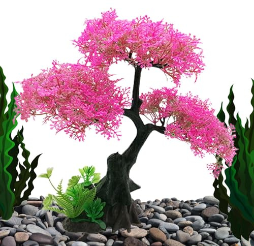 Erconsso Aquarium-Bonsai-Baum, künstliche Aquariumpflanzen, Blütenbaum und Gras, Deko-Set, PVC-Pflanzen Dekoration für Haushalt und Büro