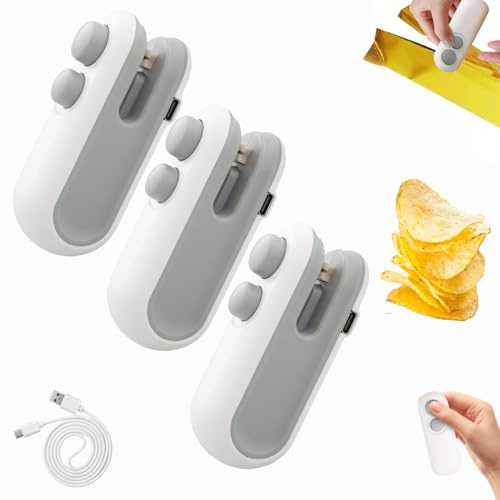 Mini Bag Sealer with Cutter and Magnet, Tragbarer Mini Folienschweißgerät, USB-aufladbarer Hand Snackbeutel Tüten Verschließer, Damit Lebensmittel frisch und Snacks knusprig bleiben (Weiß-3Stück)