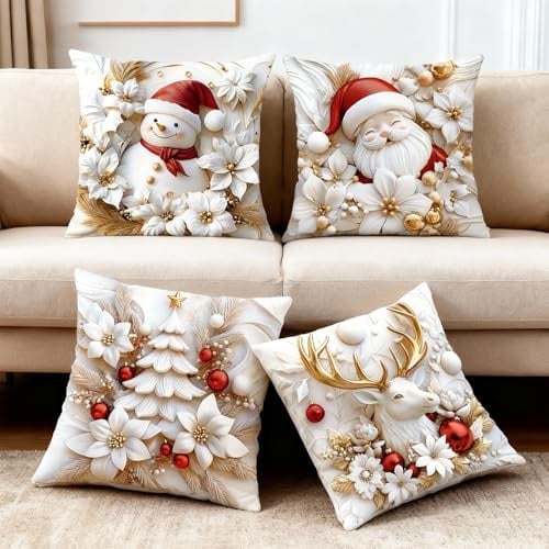 Kissenbezug Weihnachten, 4 Stück Weihnachten Dekorative Kissenhülle,Weihnachtsmann Muster Sofa Wohnkultur,Christmas Decorations für Innen,Winterurlaub Deko Geschenk, 40x40cm,Weihnachtsrot, Weiß