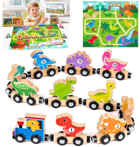 Montessori Spielzeug ab 1 2 3 Jahre: Magnet Zug Dinosaurier Holzspielzeug | Geschenk 1 2 3 Jahre Junge Mädchen, Montessori Holzeisenbahn Kinderspielzeug ab 1 Jahr, Magnet Zug Dinosaurier Spielzeug