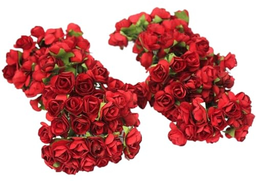 144 mini roses artificielles rouges en papier, plantes d'apparence réelle avec tige métallique pour faire des pinces à cheveux de mariée, centres de table, bandeaux, bouquets robes, fleurs artific