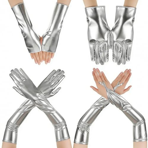 Vxcvzv 4 Stile Handschuhe für Damen Langer Handschuh Lackleder Kostüm Accessoires Silber Glänzende Fingerhandschuhe Lackleder Handschuhe für Meerjungfrau Karneval Halloween Cosplay Oper
