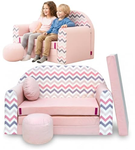 TUPPI Kindersofa mit Schlaffunktion 168x98 cm - Kindersofa Ausklappbar | Kinder Sofa für Kinderzimmer - Samtweicher Velours - 4-teilig inkl. Kissen & Puff