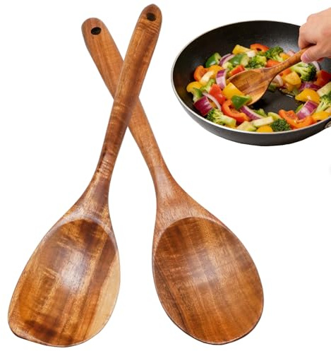 Hoypeyfiy 2Pcs Wooden Cooking Spoons, Heat Resistant Natural Teak Wood Utensils, Non-Stick Corner and Round Spoons for Kitchen Use
