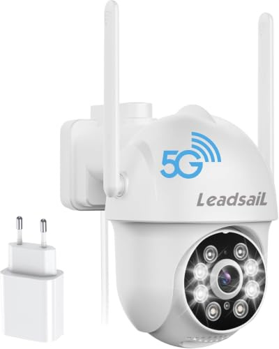 LeadsaiL Cámara de Seguridad 2K Inalámbrica para Exteriores, Cámara de Seguridad Doméstica WiFi PTZ de 3MP, Inalámbrica, WiFi 2.4G/5G, Pan-Tilt 360°, Visión Nocturna a Color, Detección (Blanco)